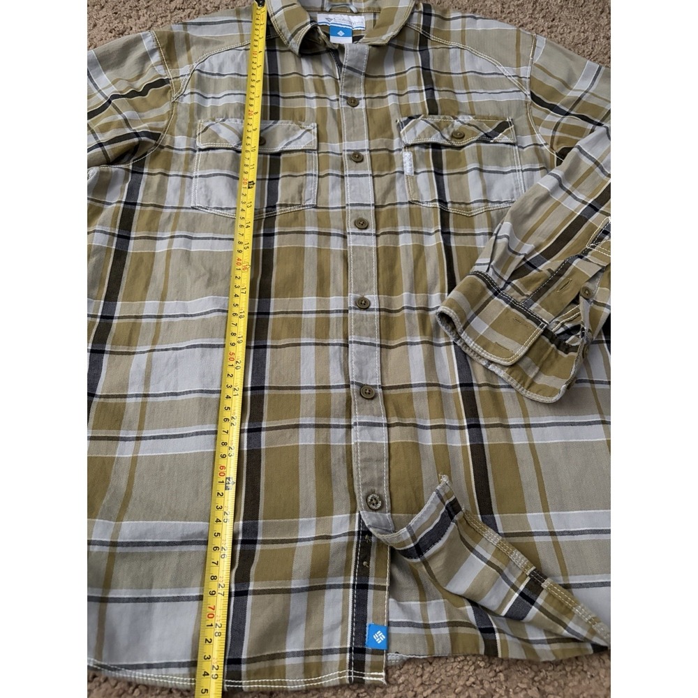 Columbia Long Sleeve Button Up Shirt Plaid Logo Pockets Brown White Large JBHS - Picture 5 of 11